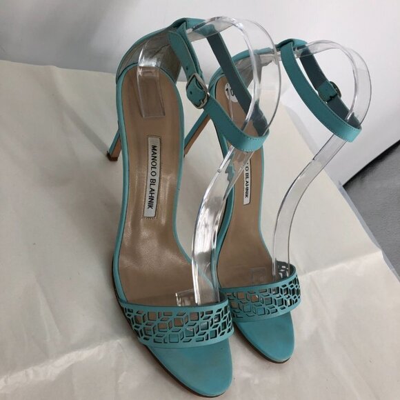 Manolo  Blahnik Maurila Turquoise Geometric Laser Cut Sandal Heels Leather 41 - Picture 15 of 16